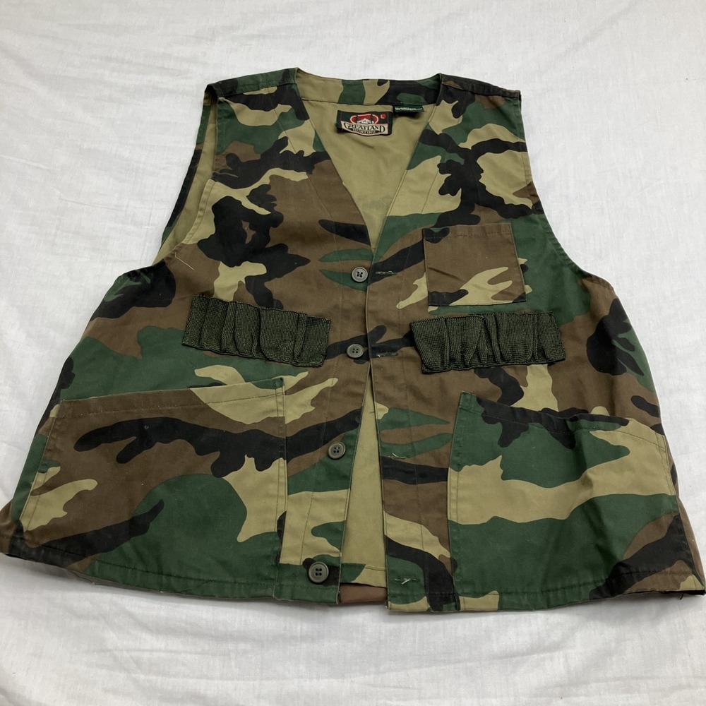 Greatland Bird Hunting Vest Men's L. Woodland Camo Bird Bag Dove Quail Pheasant